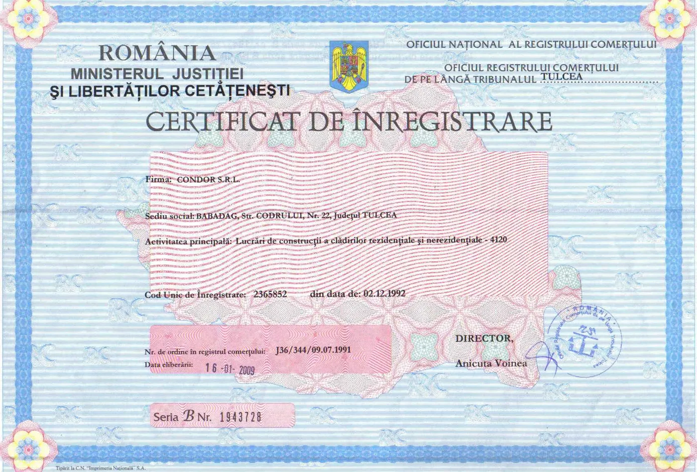 Certificat de înregistrare al Condor S.R.L., eliberat la 16.01.2009